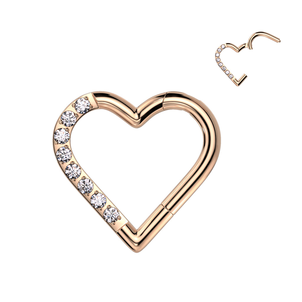 Implant Grade Titanium Hinged Segment Hoop Ring With Half Pave CZ Heart
